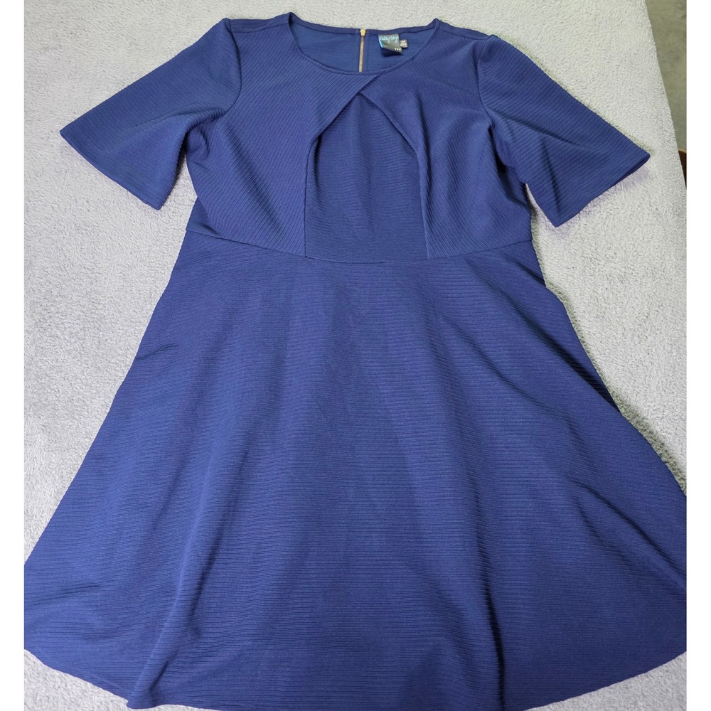 Gabby Skye Womens 18W Fit & Flare Dress Navy Blue Ribbed Texture Cutout Neckline